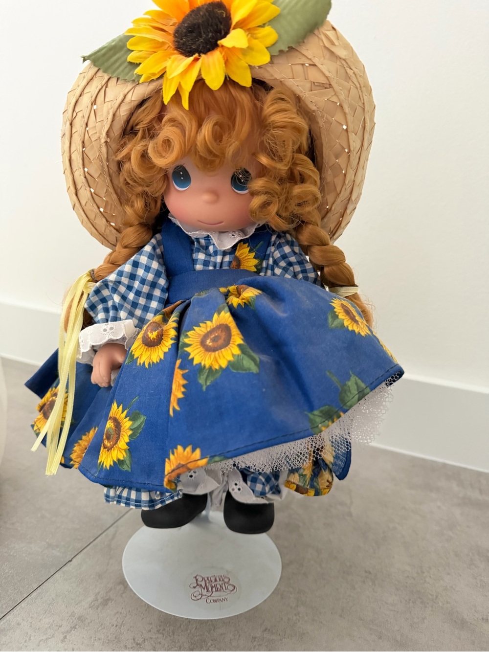 Porcelain Doll with Sunflower Dress with Straw Hat - Blue Sunflower Outfit